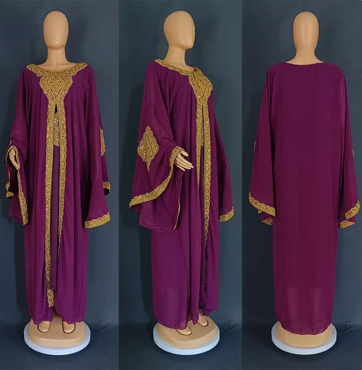 Gold Kaftan Dress Set with Scarf