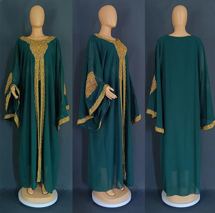 Gold Kaftan Dress Set with Scarf