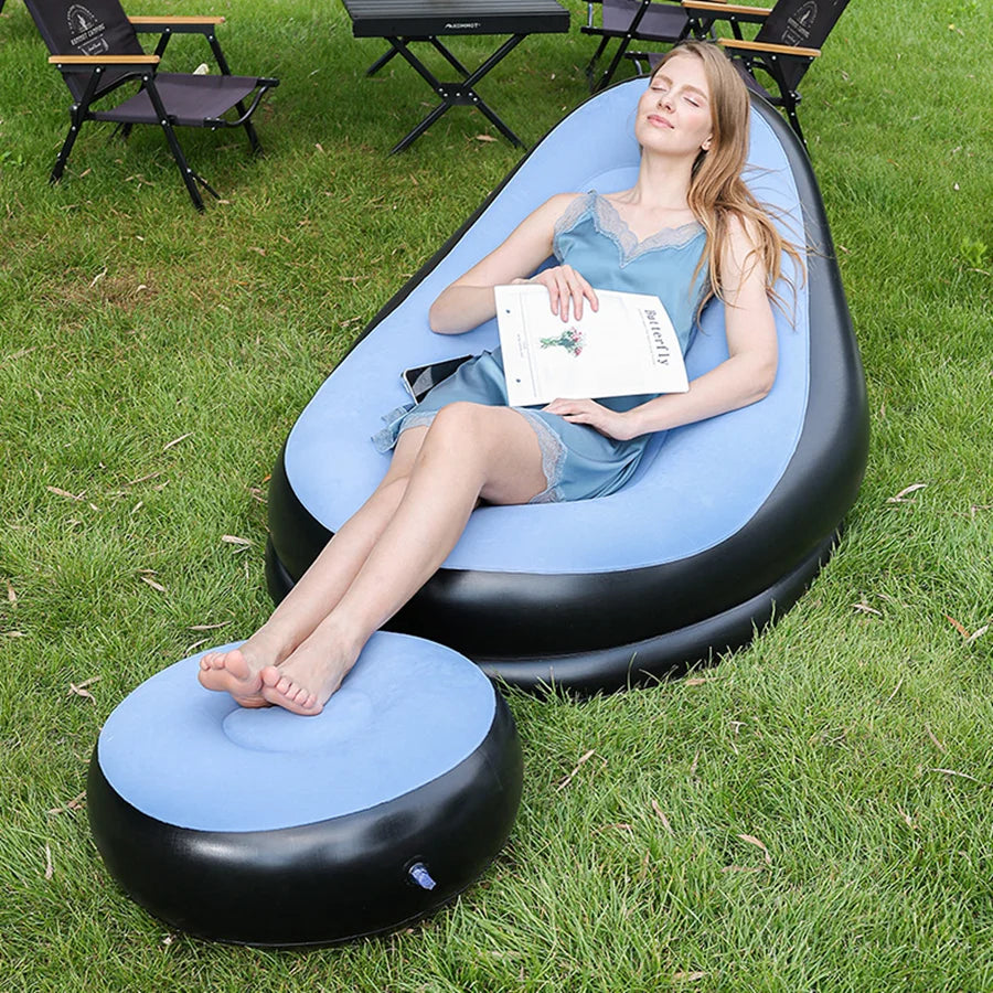 Lazy Couch Sofas Inflatable Chair Foldable Recliner Outdoor Sofa Bed Footstool Portable Folding Air Bed Lunch Lounge Chair Set