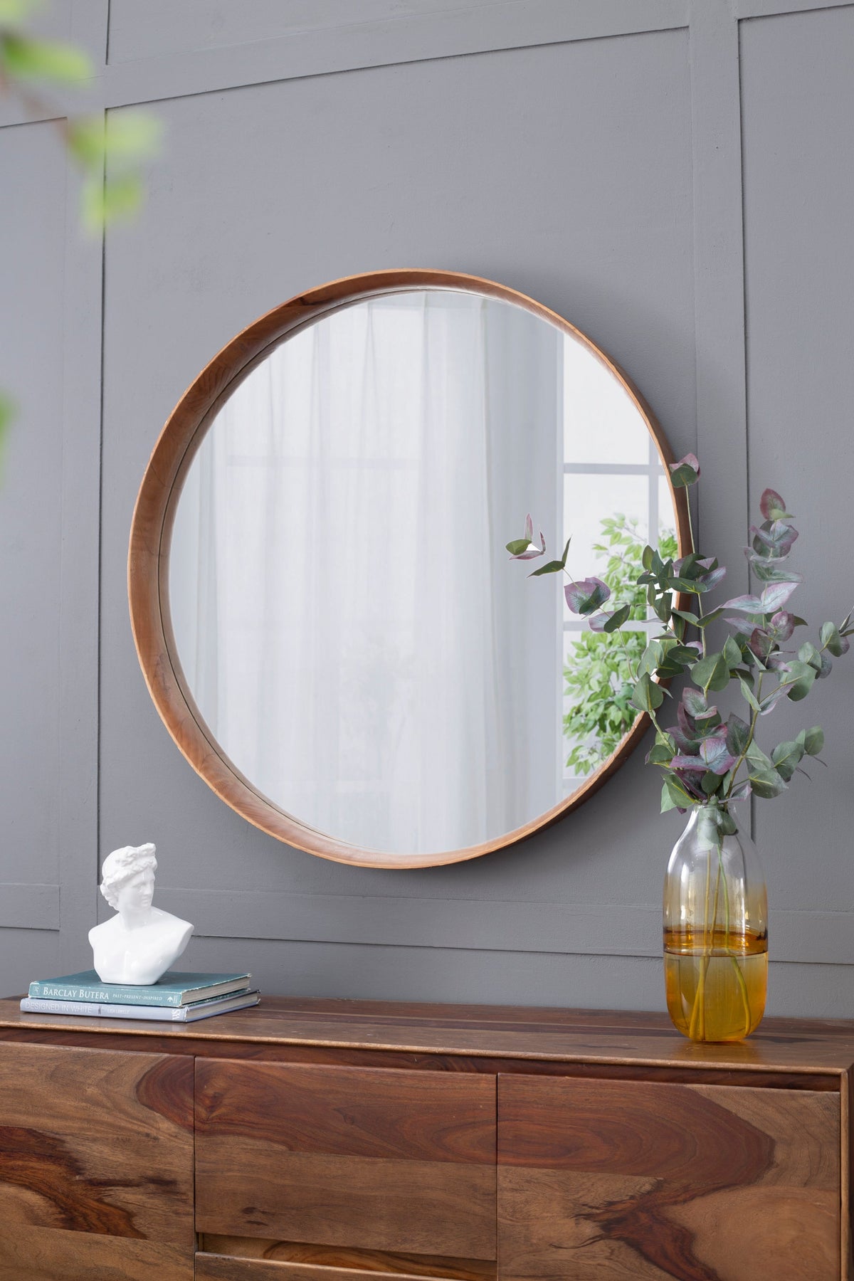 Round Brown Wood Frame Wall Mirror, 39.4 in
