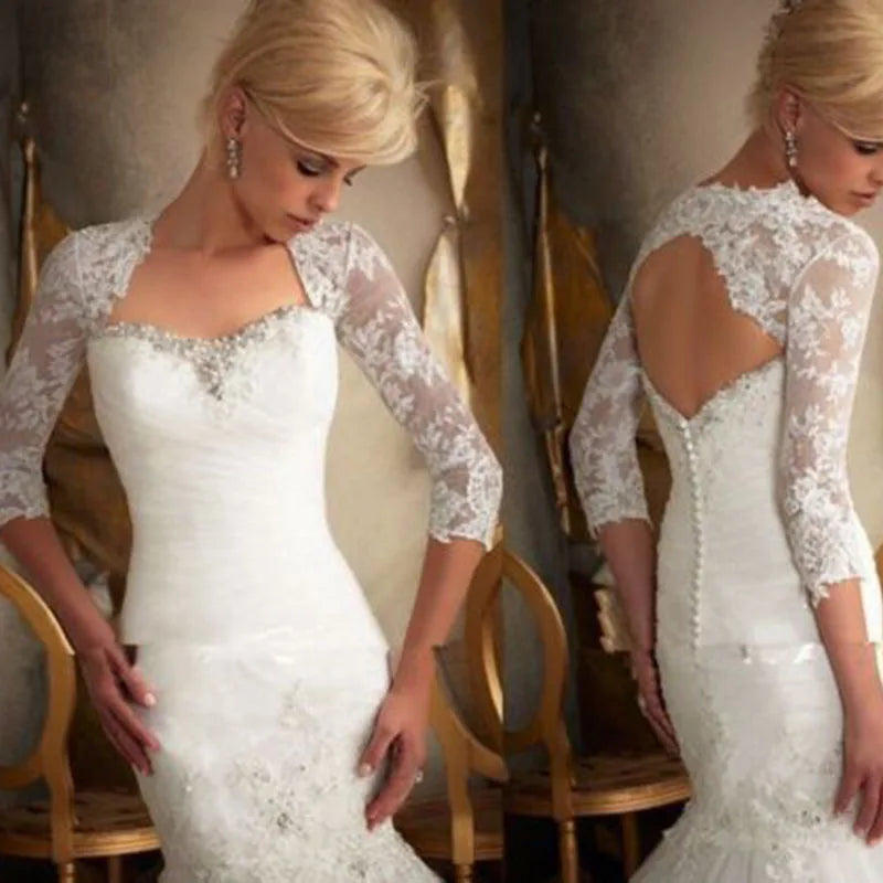 New Custom Size Wedding Wraps 3/4 Sleeve Front Open Backless White Ivory Lace Jacket Bolero Shrug Accessory Bridal Jackets