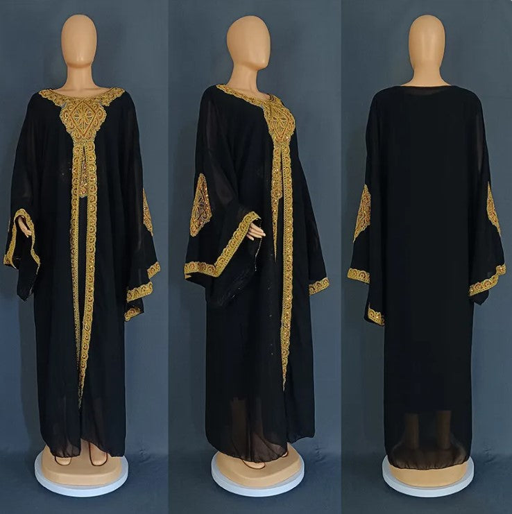 Gold Kaftan Dress Set with Scarf