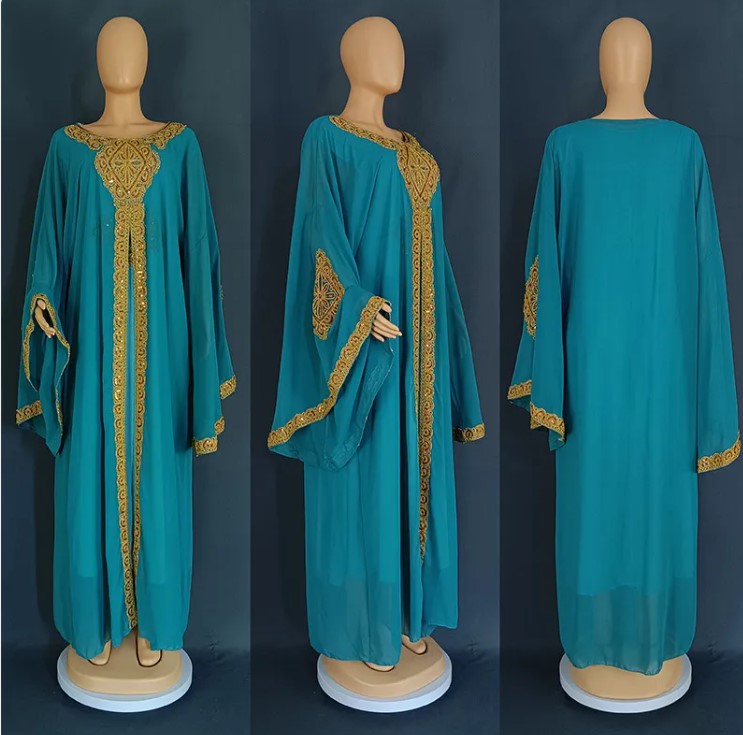 Gold Kaftan Dress Set with Scarf