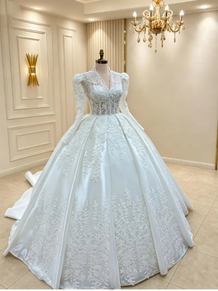 Custom V‑Neck Puff Long Sleeve Satin Wedding Dress Sheer Corset Heavy Applique Ball Gown Train Luxury Bridal Gown