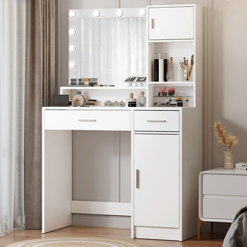 White Vanity Table with Dimmable Lighted Mirror, Storage Drawer and