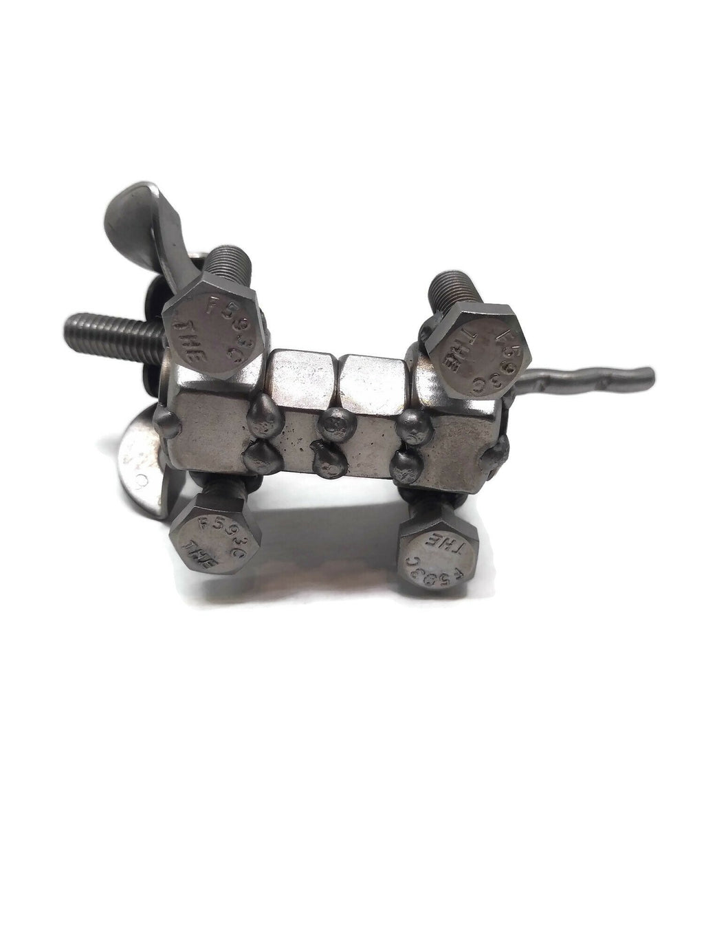Scrap Metal Floppy Eared Dog Figurine, Steel Canine, Nuts and Bolts