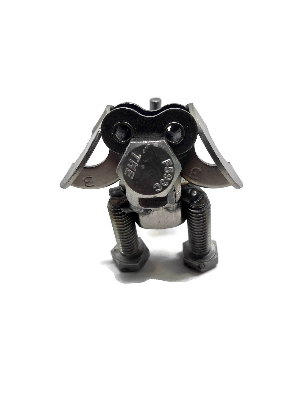 Scrap Metal Floppy Eared Dog Figurine, Steel Canine, Nuts and Bolts