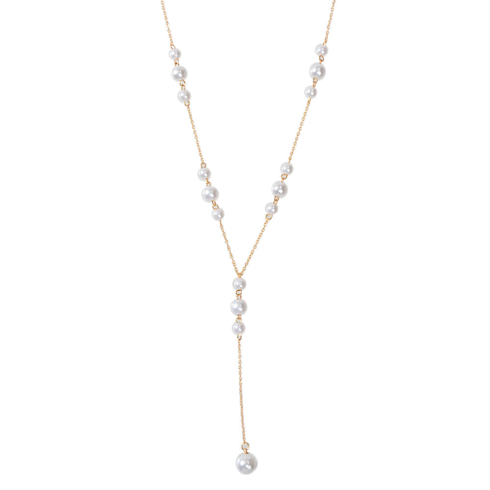 Pearl Decoration Long Gold Chain Y Shape Pendant Clavicle Necklace