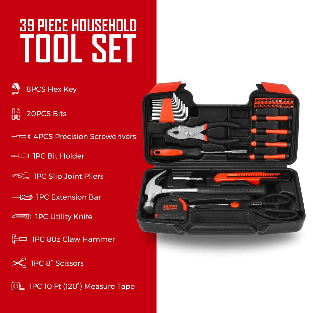 Pursonic UltraBright Flashlight + Handy Solutions 39-Piece Household Tool Kit Bundle
