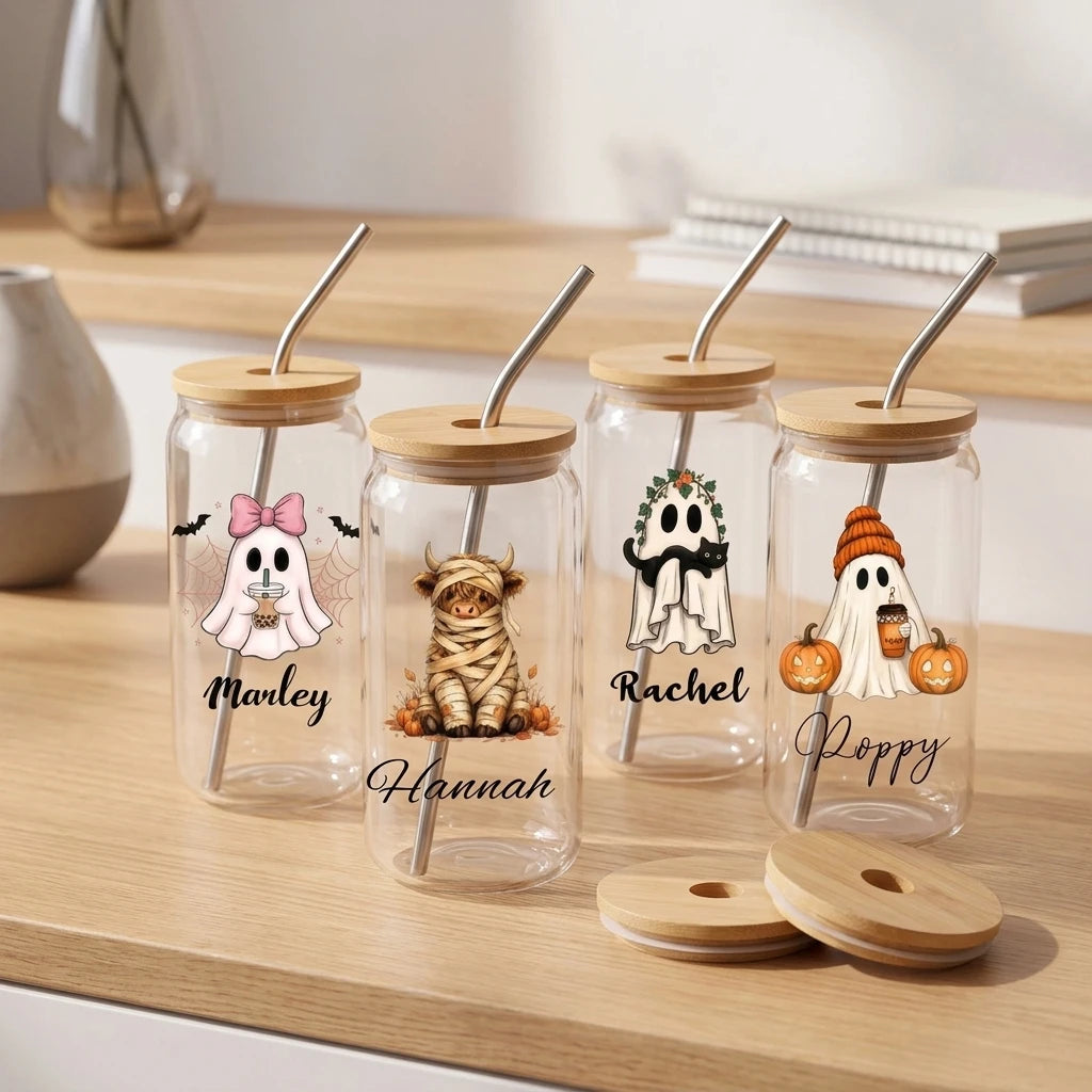 2026 New Halloween Ghost Glass Cup Custom Name Bamboo Lid Glass Tumbler with Metal Straw Spooky Ghost Pumpkin Party Favor Gift.