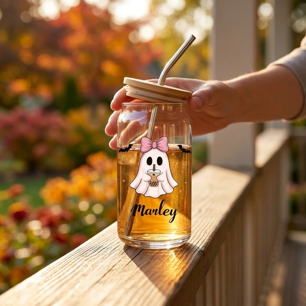 2026 New Halloween Ghost Glass Cup Custom Name Bamboo Lid Glass Tumbler with Metal Straw Spooky Ghost Pumpkin Party Favor Gift.