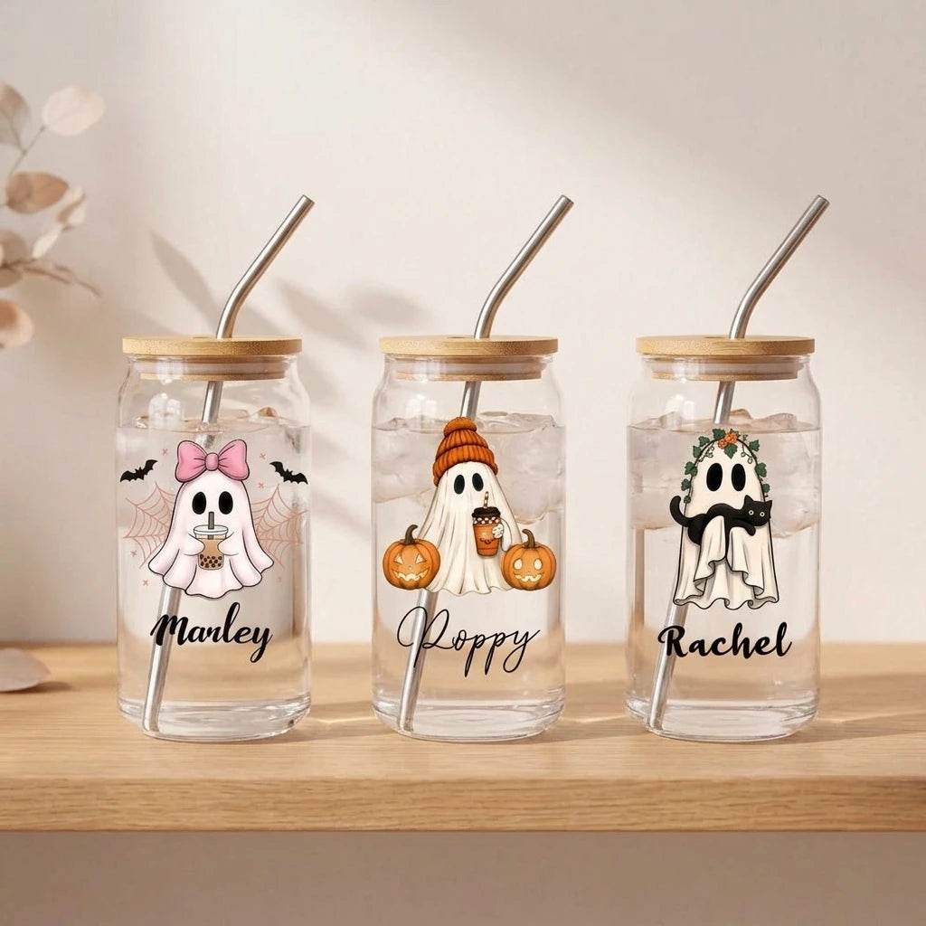 2026 New Halloween Ghost Glass Cup Custom Name Bamboo Lid Glass Tumbler with Metal Straw Spooky Ghost Pumpkin Party Favor Gift.