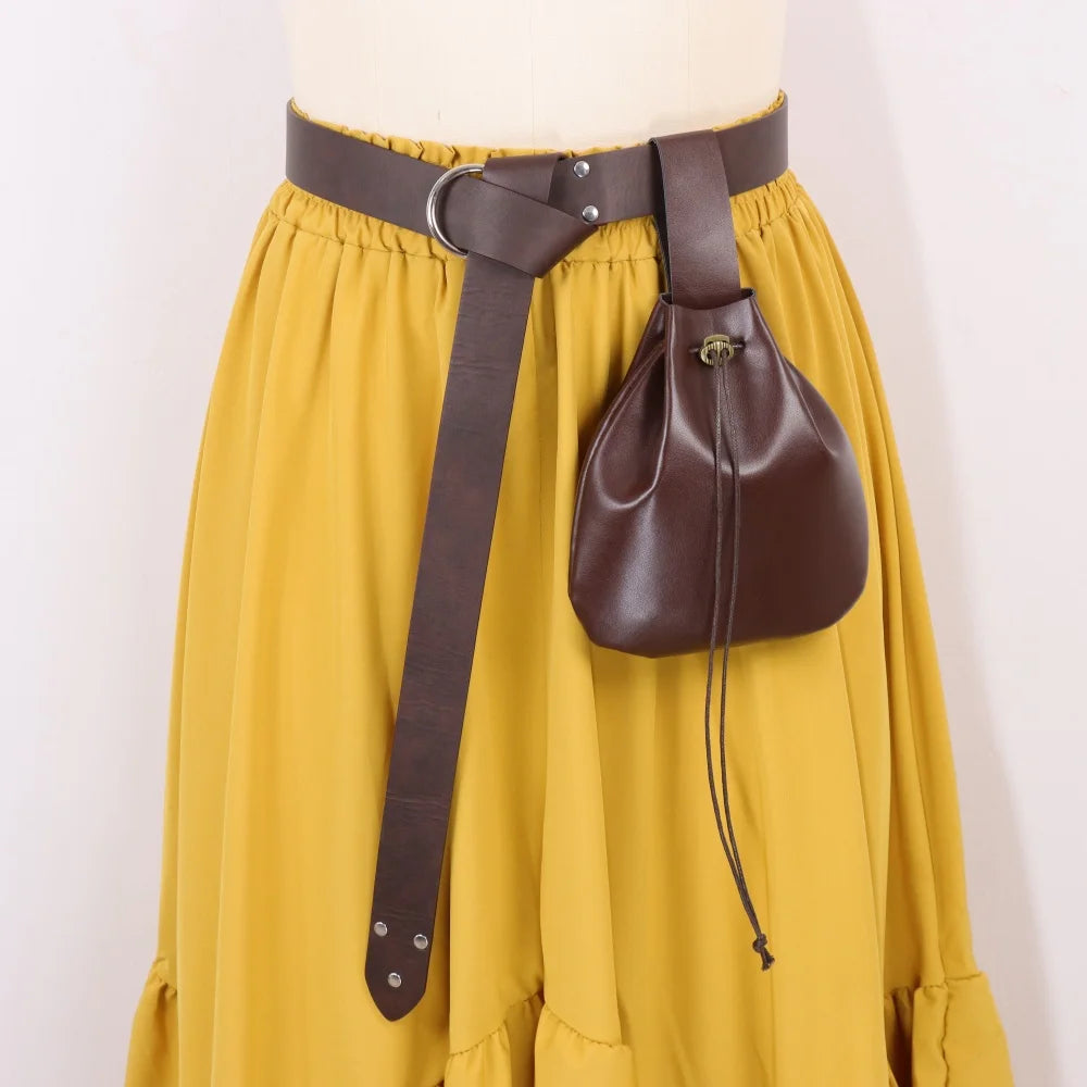 Vintage Medieval PU Leather Belt with Drawstring Pouch Renaissance
