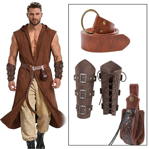 Medieval PU Leather Belt Bracers Waist Pouch Set Viking Knight Pirate