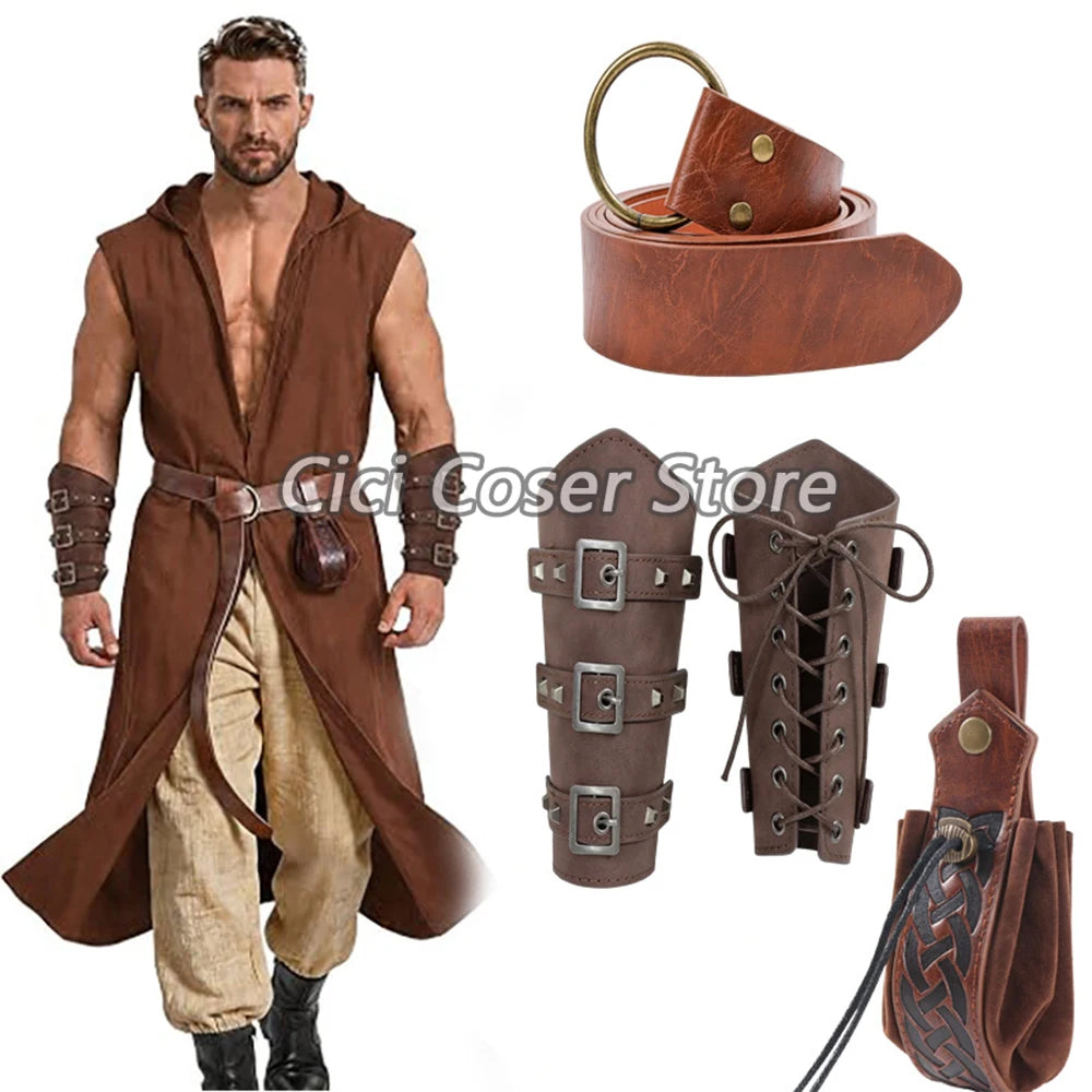 Medieval PU Leather Belt Bracers Waist Pouch Set Viking Knight Pirate