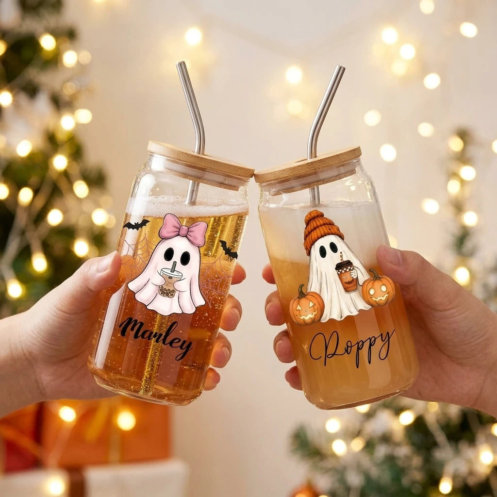 2026 New Halloween Ghost Glass Cup Custom Name Bamboo Lid Glass Tumbler with Metal Straw Spooky Ghost Pumpkin Party Favor Gift.