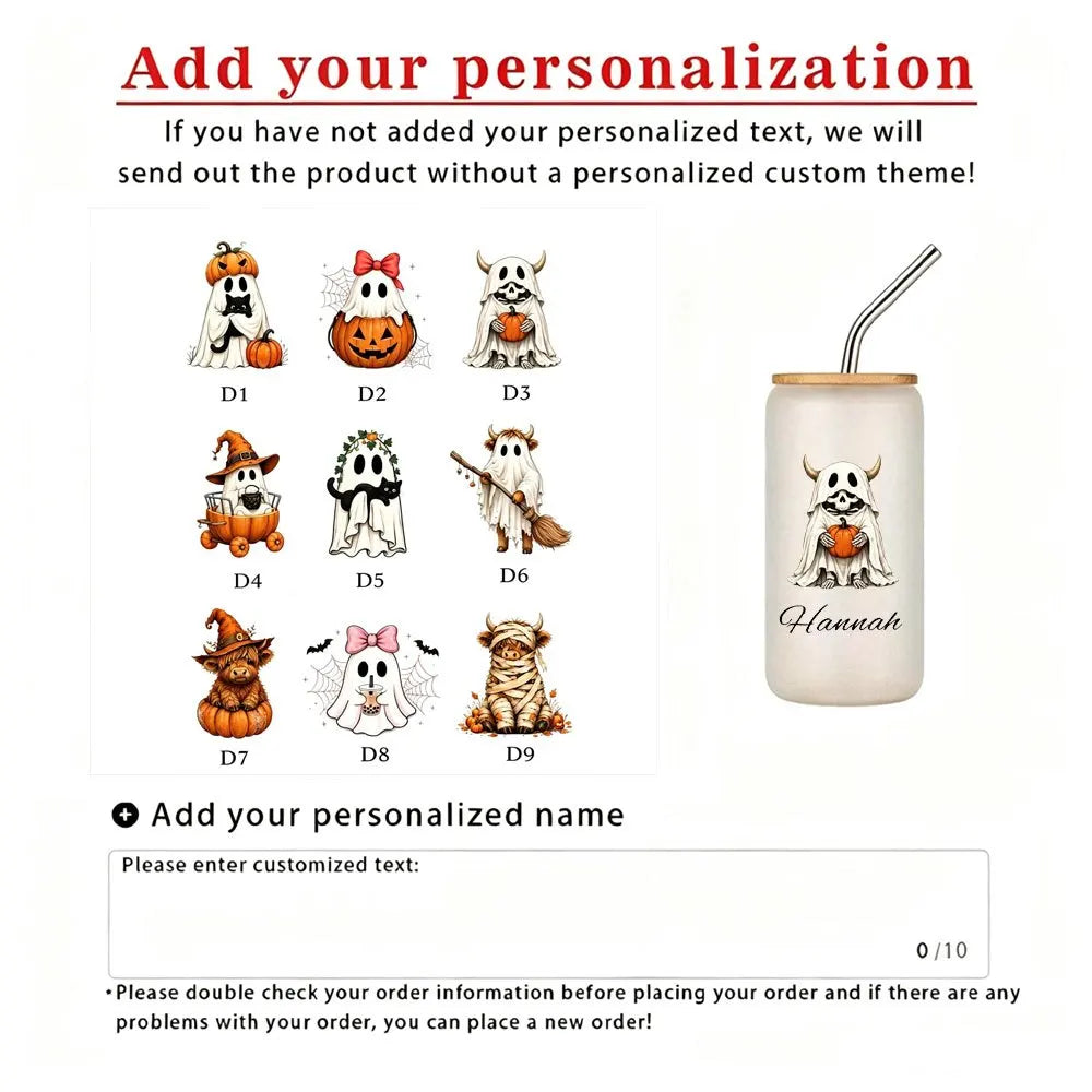 2026 New Halloween Ghost Glass Cup Custom Name Bamboo Lid Glass Tumbler with Metal Straw Spooky Ghost Pumpkin Party Favor Gift.