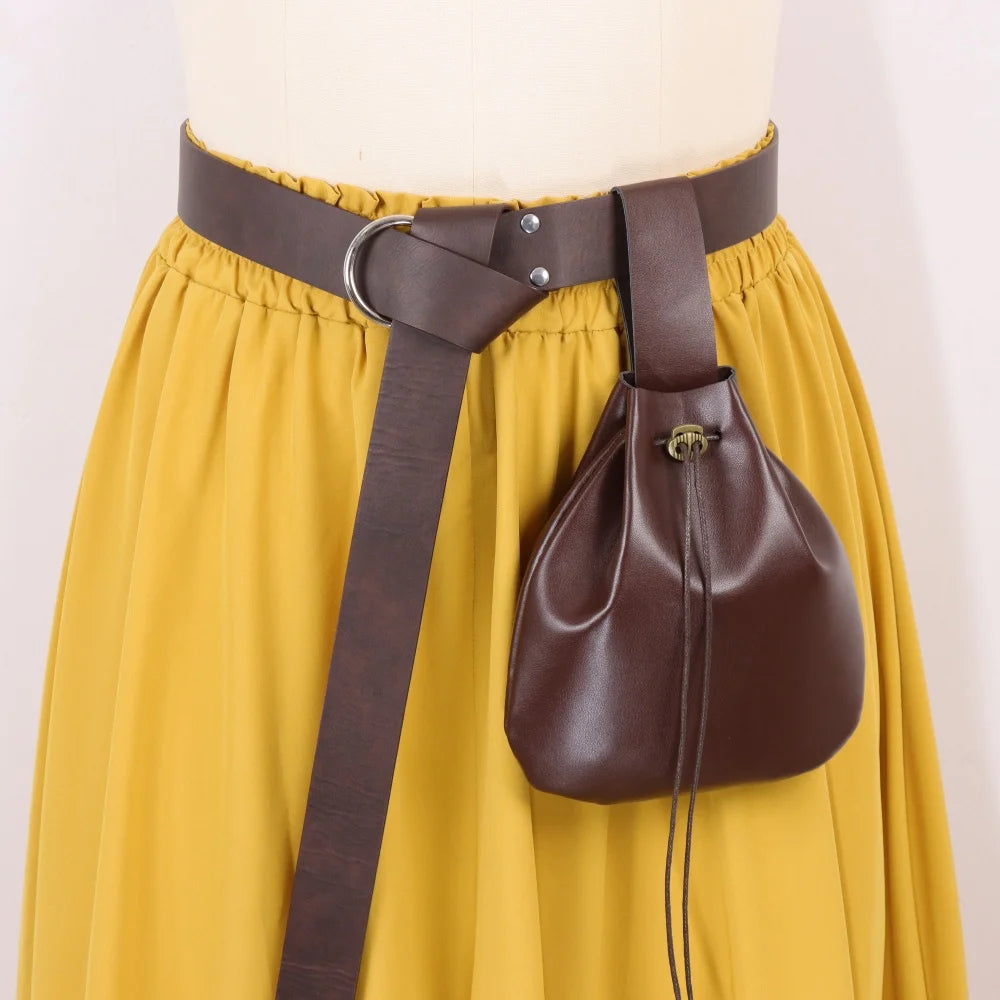 Vintage Medieval PU Leather Belt with Drawstring Pouch Renaissance