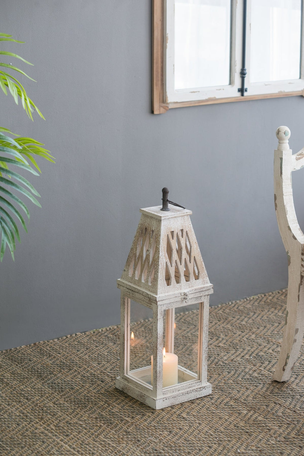 Set of 2 Rustic White French Country Wood & Glass Lanterns