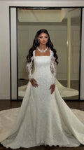 Elegant Mermaid Wedding Dresses Square Neck Puff Long Lace Sleeves Beaded Sequins Lace Bridal Dress Vestidos De Novia Customized