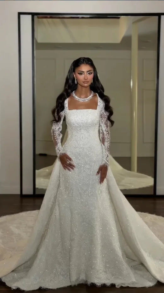 Elegant Mermaid Wedding Dresses Square Neck Puff Long Lace Sleeves Beaded Sequins Lace Bridal Dress Vestidos De Novia Customized