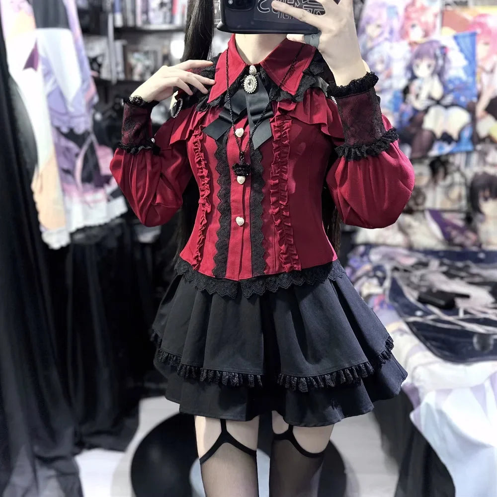 Dark Sweet Heart Ground Type Lolita Set, Ruffle Sleeve Top & A-line Skirt, Cute Kawaii Japanese Style Gothic Coord Outfit S-XL