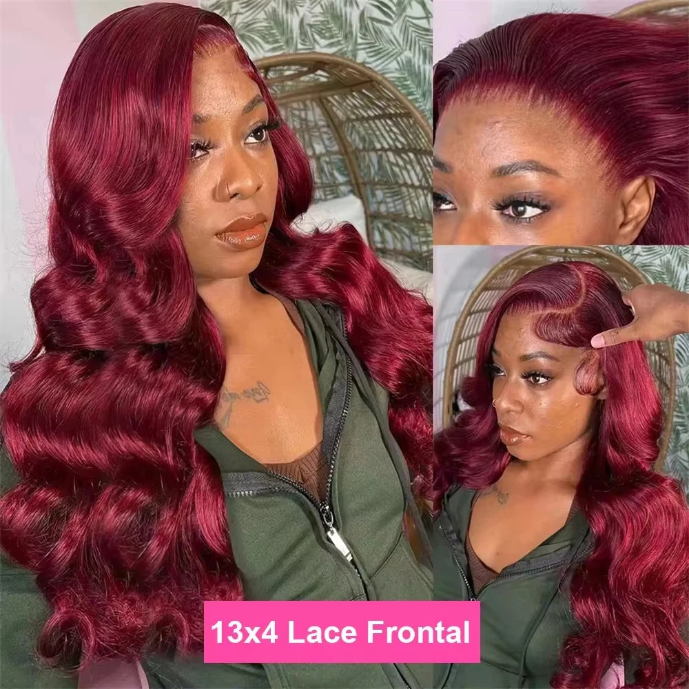 HD Transparent 99J Burgundy Body Wave Lace Front Wig Pre Plucked 13x4
