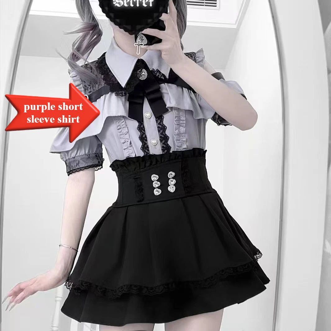 Dark Sweet Heart Ground Type Lolita Set, Ruffle Sleeve Top & A-line Skirt, Cute Kawaii Japanese Style Gothic Coord Outfit S-XL