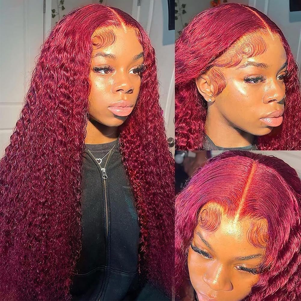 99j Burgundy Deep Wave Lace Front Wigs Human Hair 13x4 220% Density