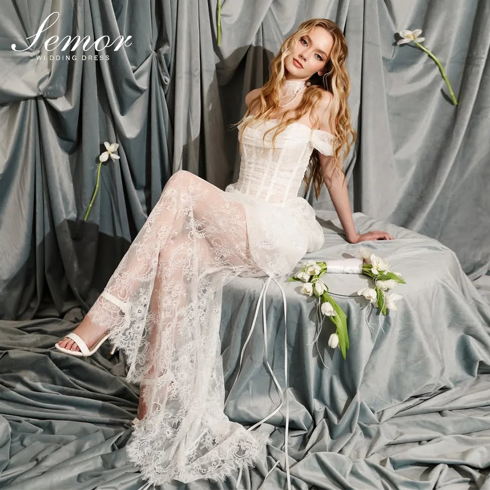 Semor luxury Off the Shoulder Wedding Party Dress Customized 2026 Lace Chic Bride Gown Elegant Pleat Prom Gown vestidos de novia