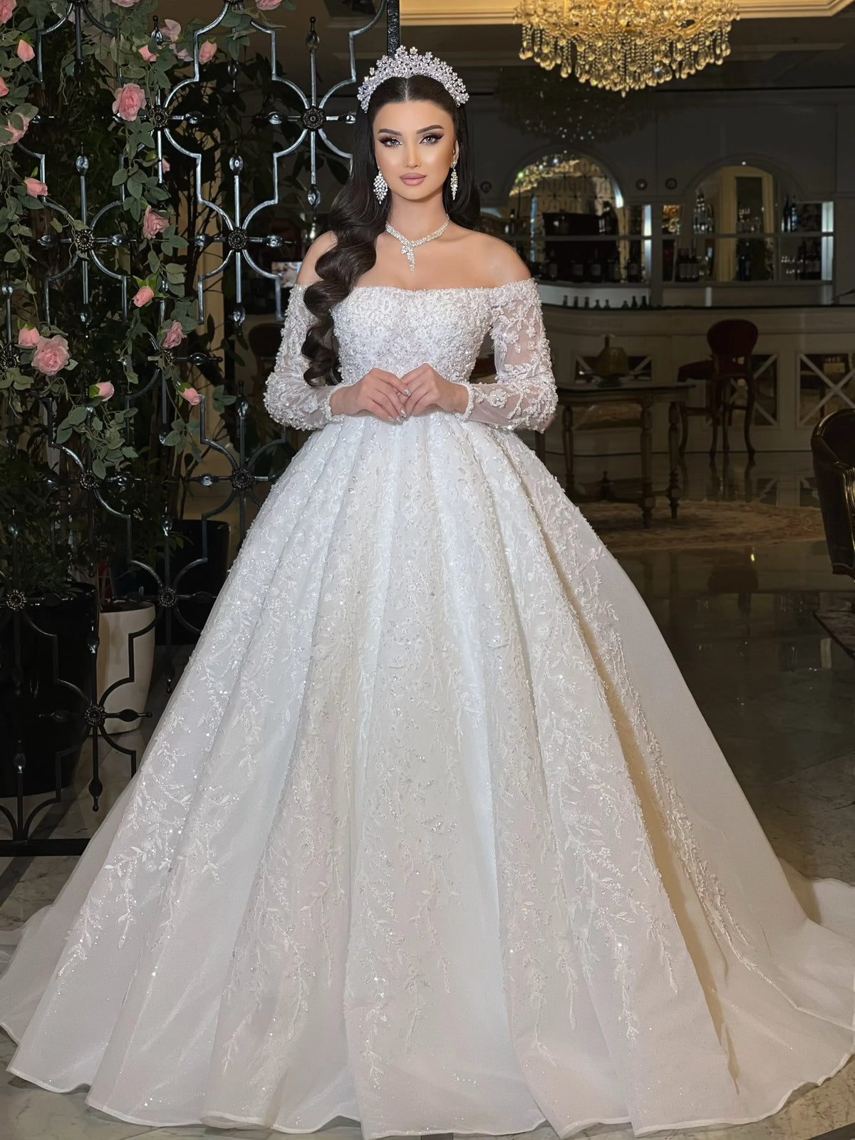Luxury Off Shoulder Long Sleeve White Wedding Dress Lace Sparkling