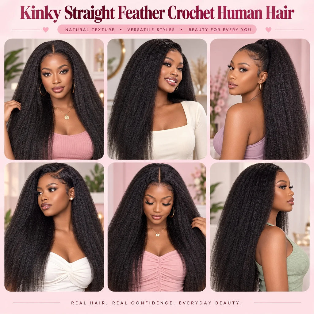 Knotless Kinky Straight Feather Crochet Human Hair Pre-Separated Pre-Looped Reusable Invisible Natural Black Hair for Women