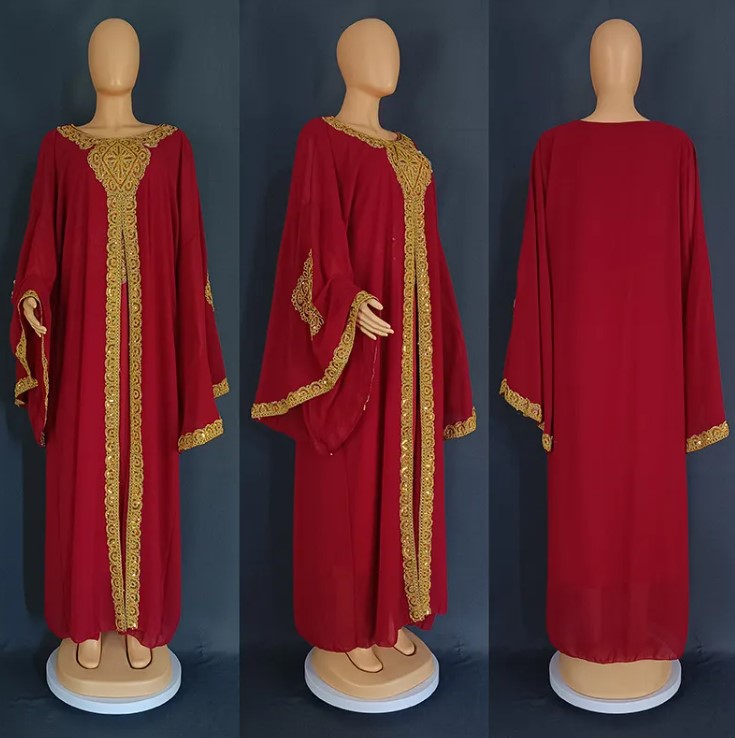 Gold Kaftan Dress Set with Scarf