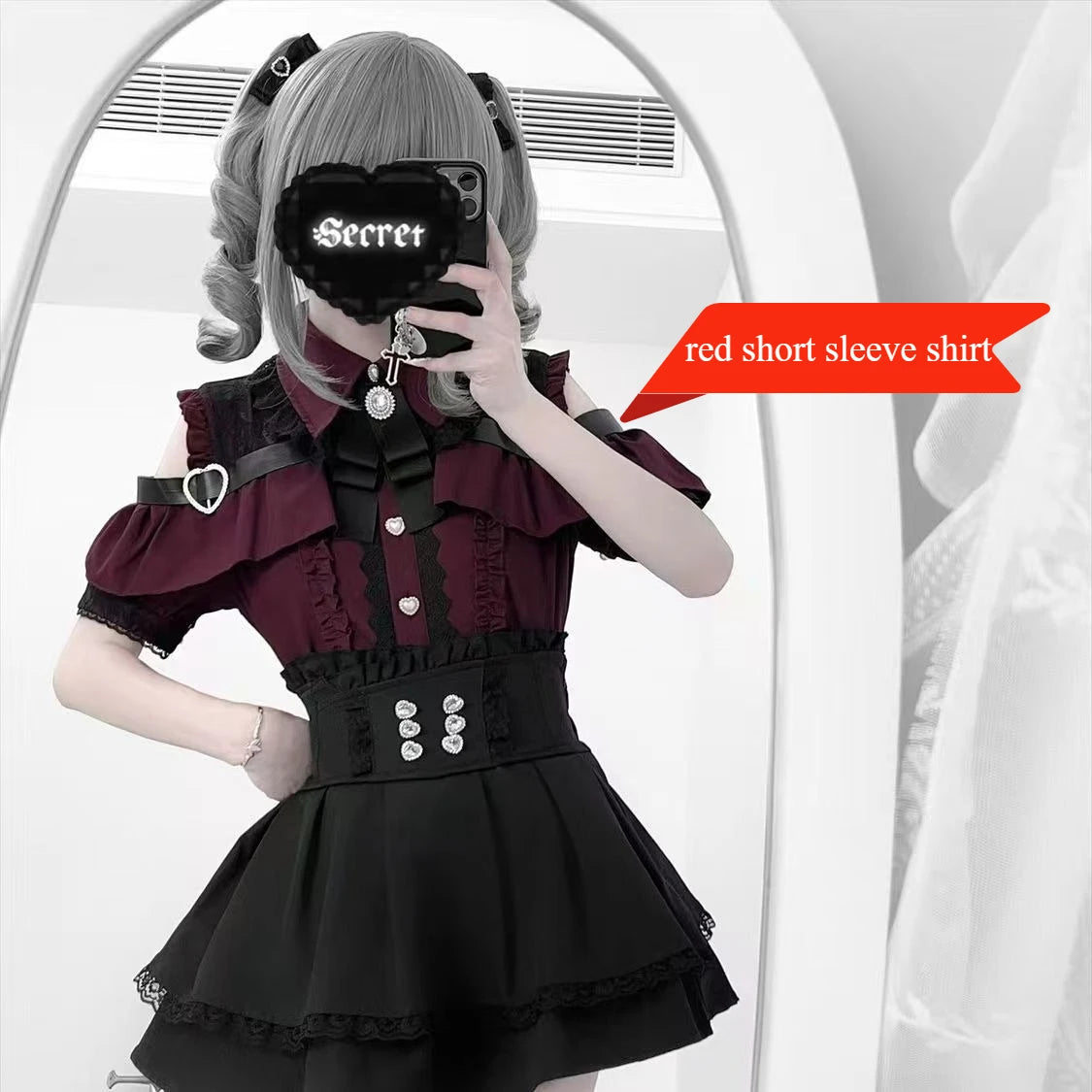 Dark Sweet Heart Ground Type Lolita Set, Ruffle Sleeve Top & A-line Skirt, Cute Kawaii Japanese Style Gothic Coord Outfit S-XL