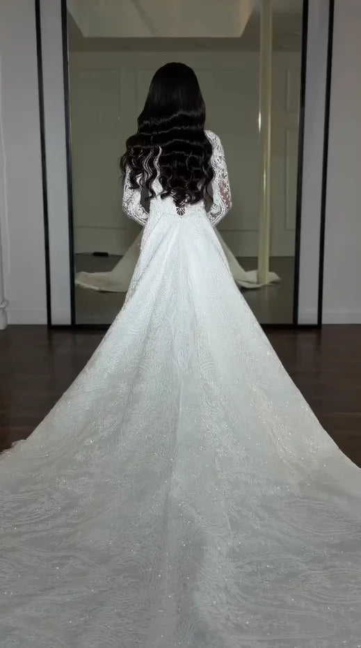 Elegant Mermaid Wedding Dresses Square Neck Puff Long Lace Sleeves Beaded Sequins Lace Bridal Dress Vestidos De Novia Customized