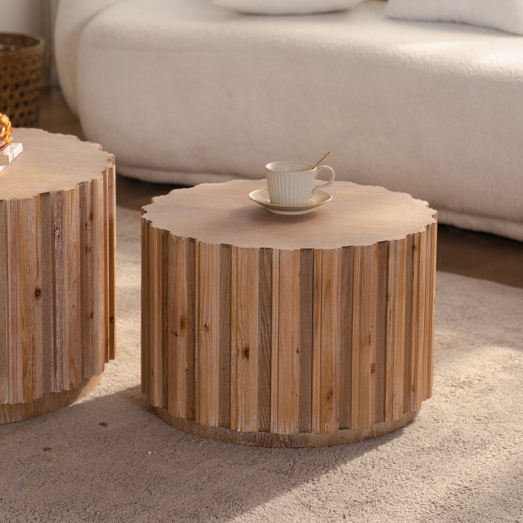 Round Nesting Coffee Tables with Slatted Bases and Wood Look Finish,