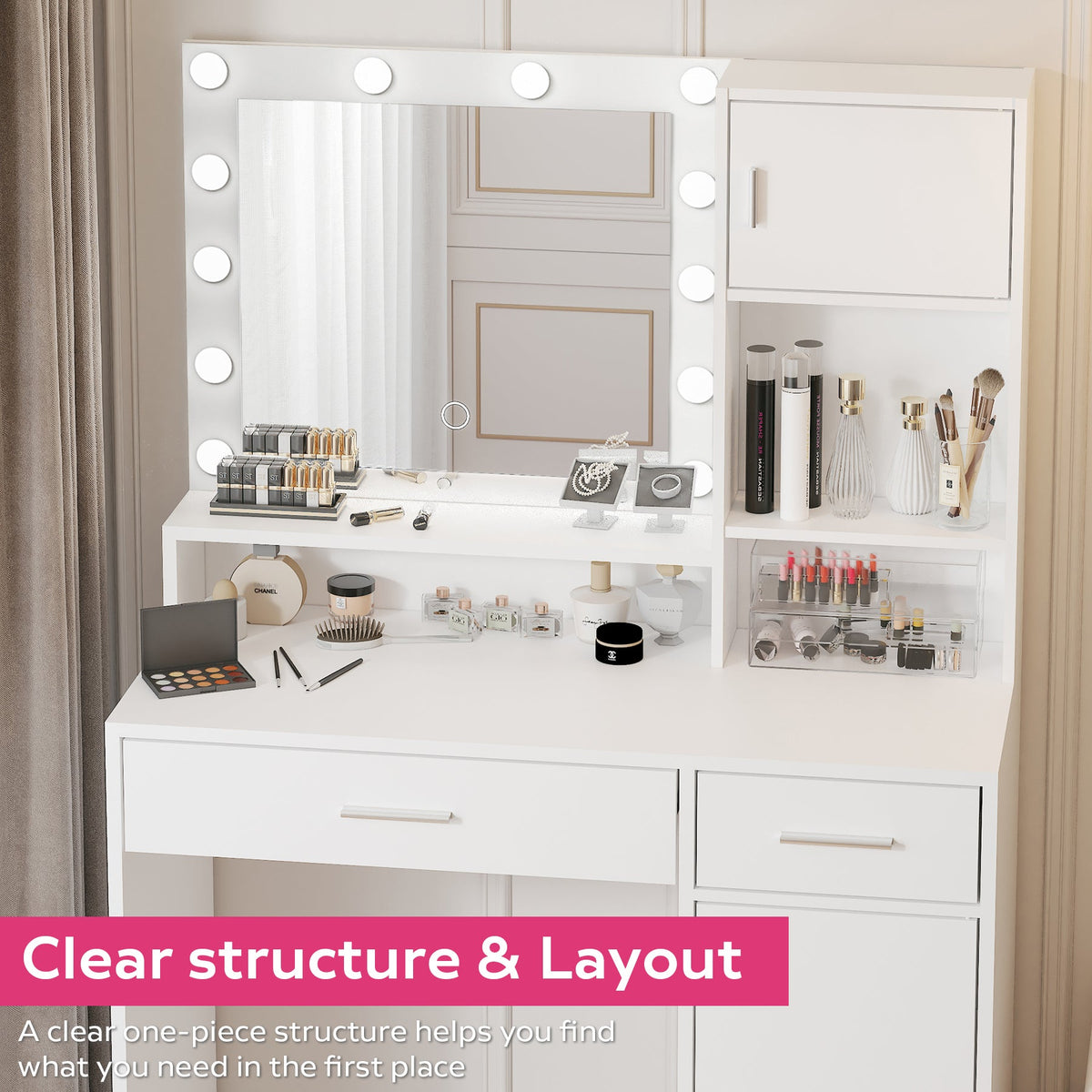 White Vanity Table with Dimmable Lighted Mirror, Storage Drawer and