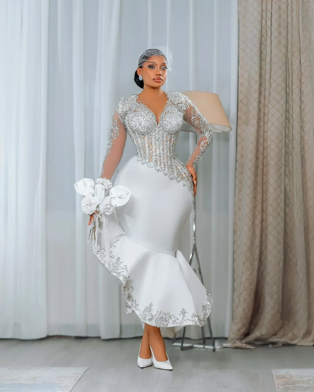 Customized African Long Sleeve Bride Dress Lace Beaded Mermaid