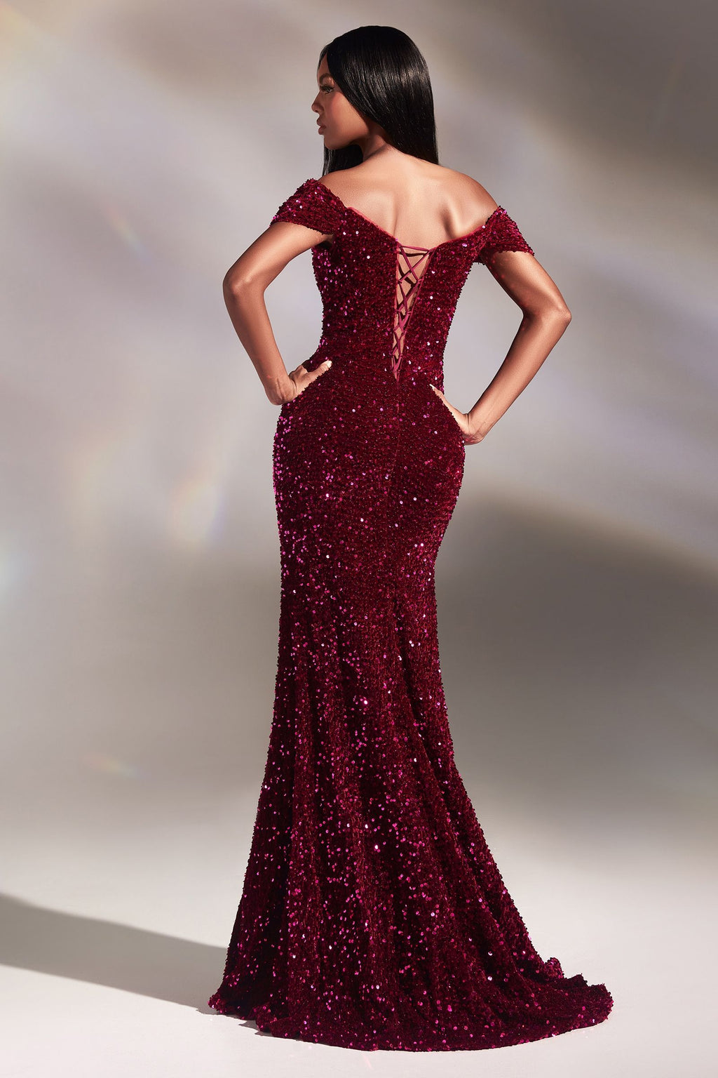 Magenta Off-Shoulder Sequin Slit Gown – CDCA109