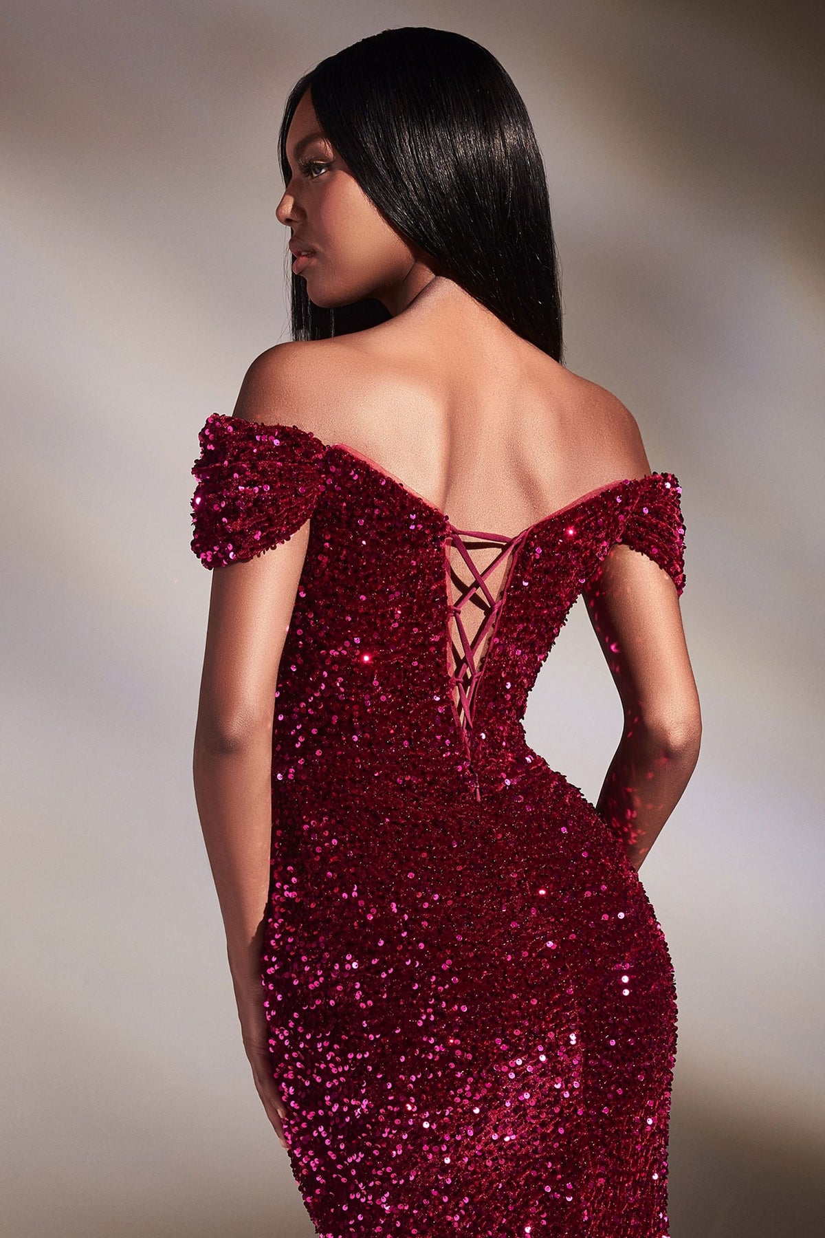 Magenta Off-Shoulder Sequin Slit Gown – CDCA109