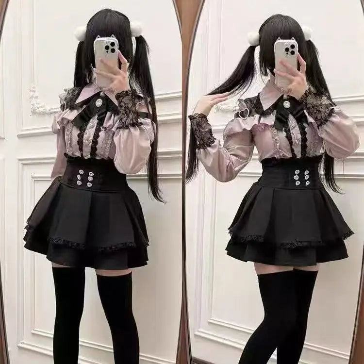 Dark Sweet Heart Ground Type Lolita Set, Ruffle Sleeve Top & A-line Skirt, Cute Kawaii Japanese Style Gothic Coord Outfit S-XL