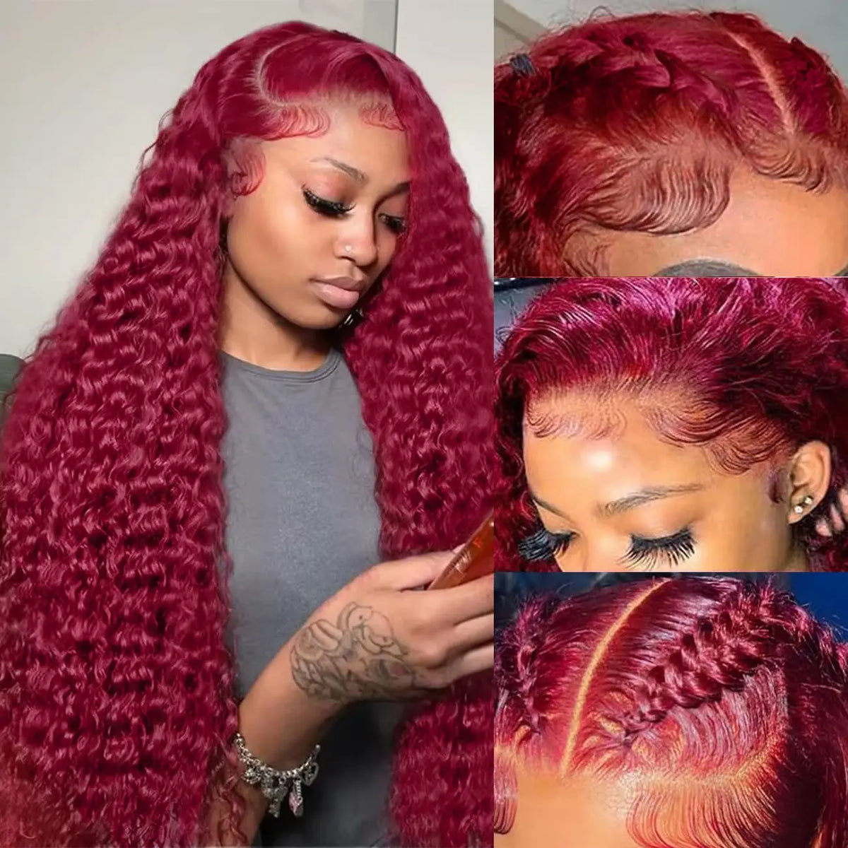 13x6 HD Transparent Lace 200 Density 13x4 Full Frontal Lace 99j Burgundy Preplucked Colored Deep Wave Frontal Human Hair Wig