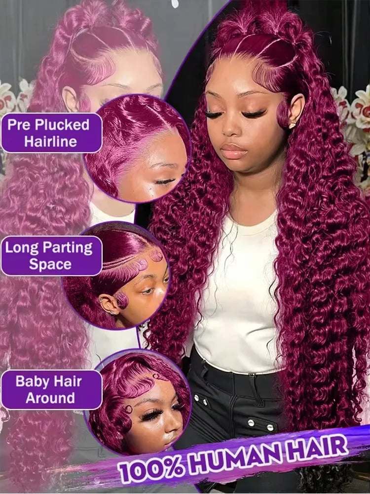 13x6 HD Transparent Lace 200 Density 13x4 Full Frontal Lace 99j Burgundy Preplucked Colored Deep Wave Frontal Human Hair Wig