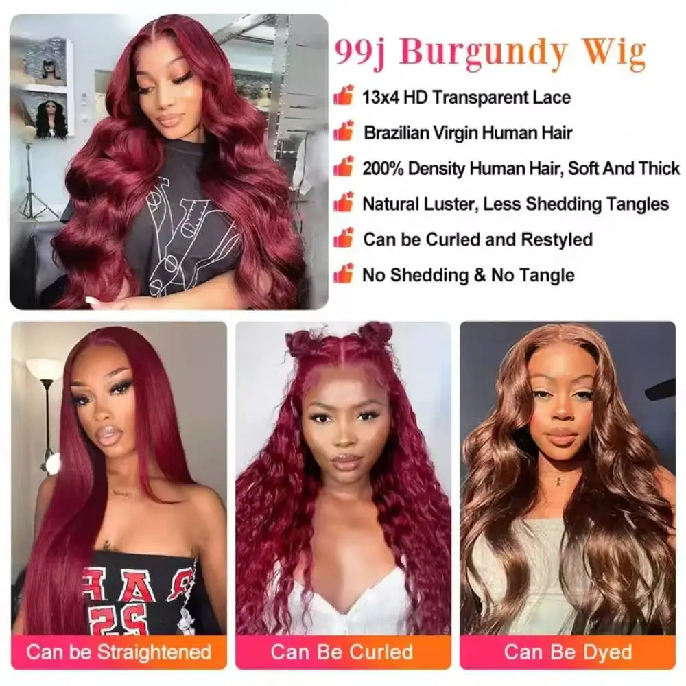 99J Burgundy 13X6 HD Transparent Lace Frontal Wigs 220% Density Remy Hair Straight Wig 46 Inch Pre Plucked With Baby Hair For Women