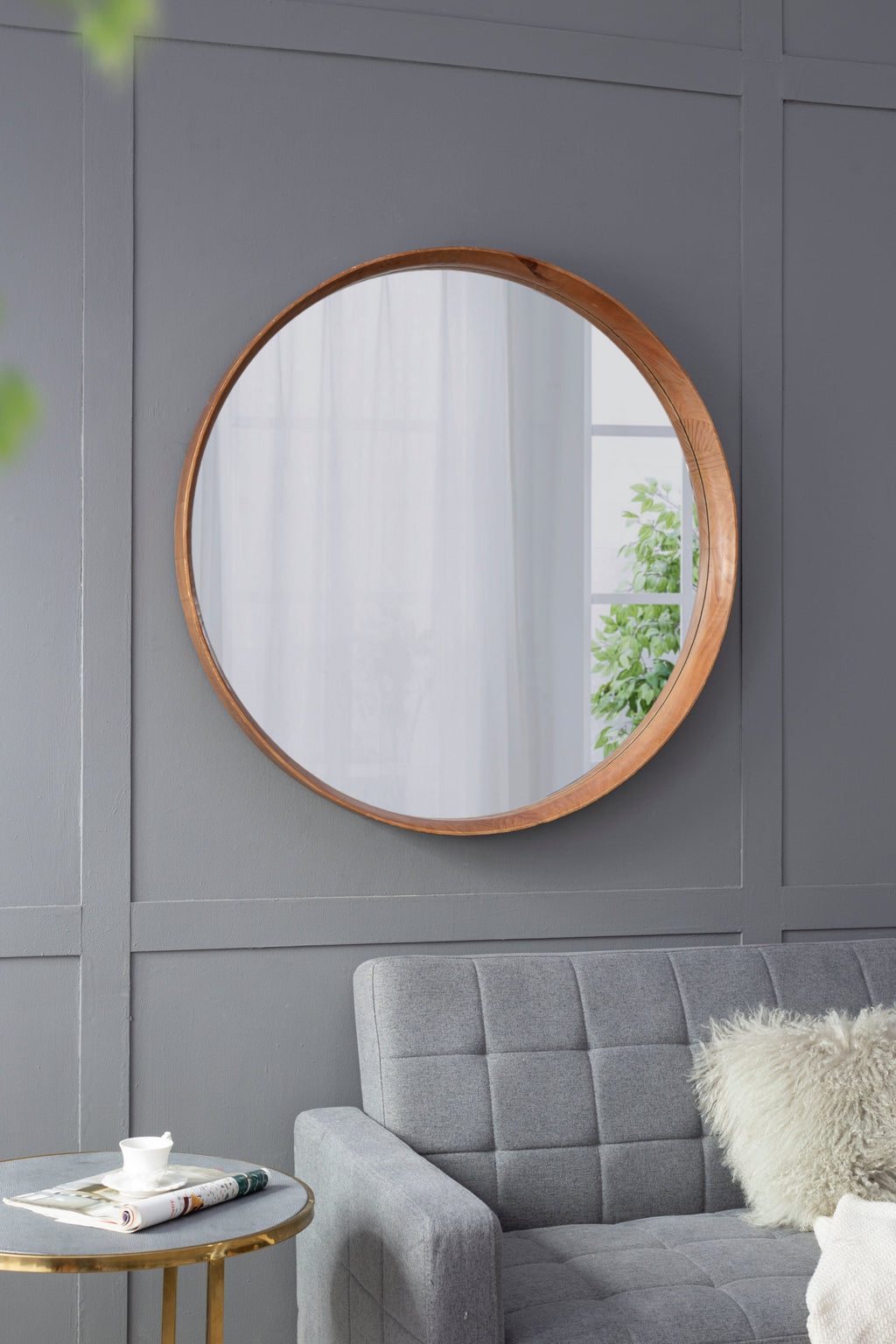 Round Brown Wood Frame Wall Mirror, 39.4 in