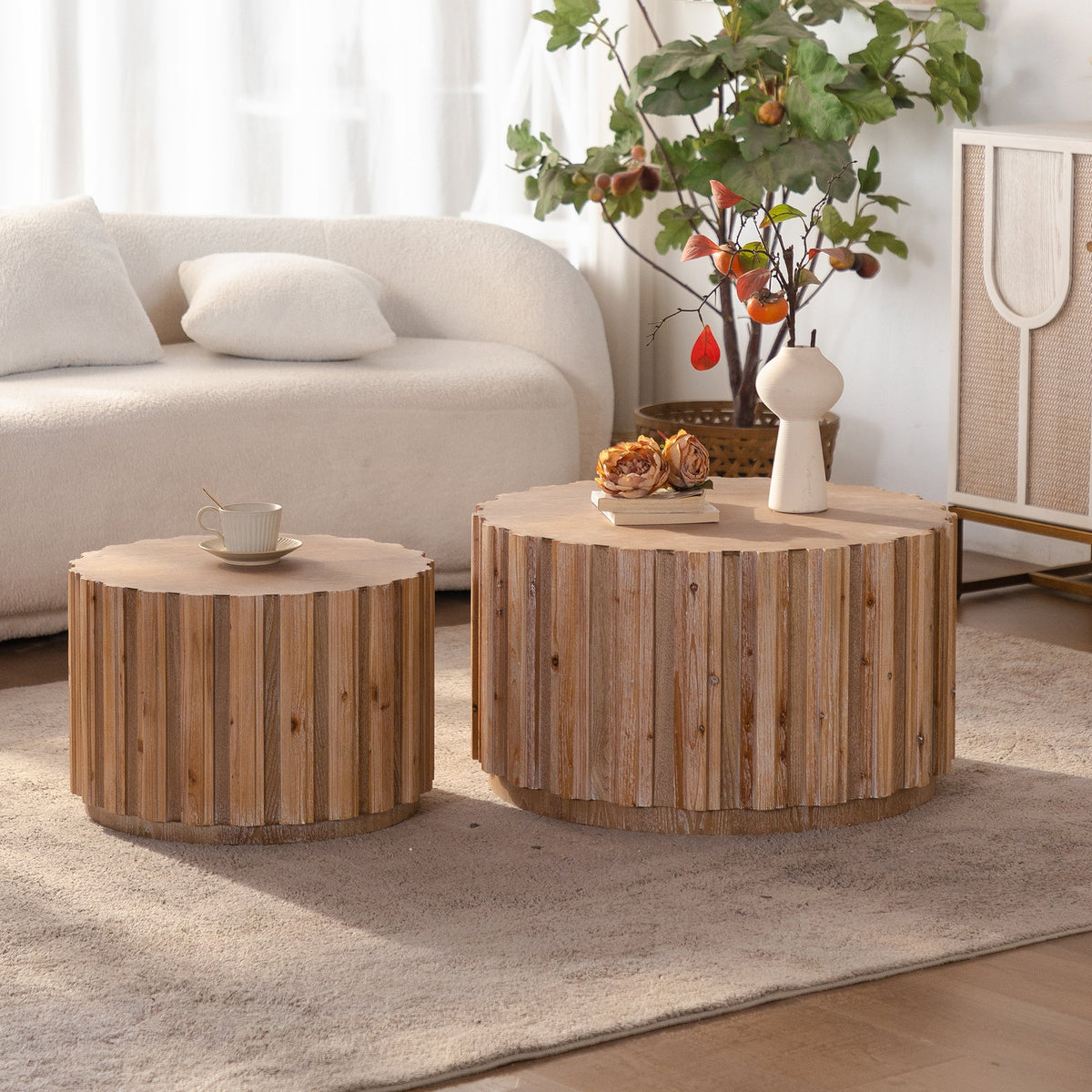 Round Nesting Coffee Tables with Slatted Bases and Wood Look Finish,