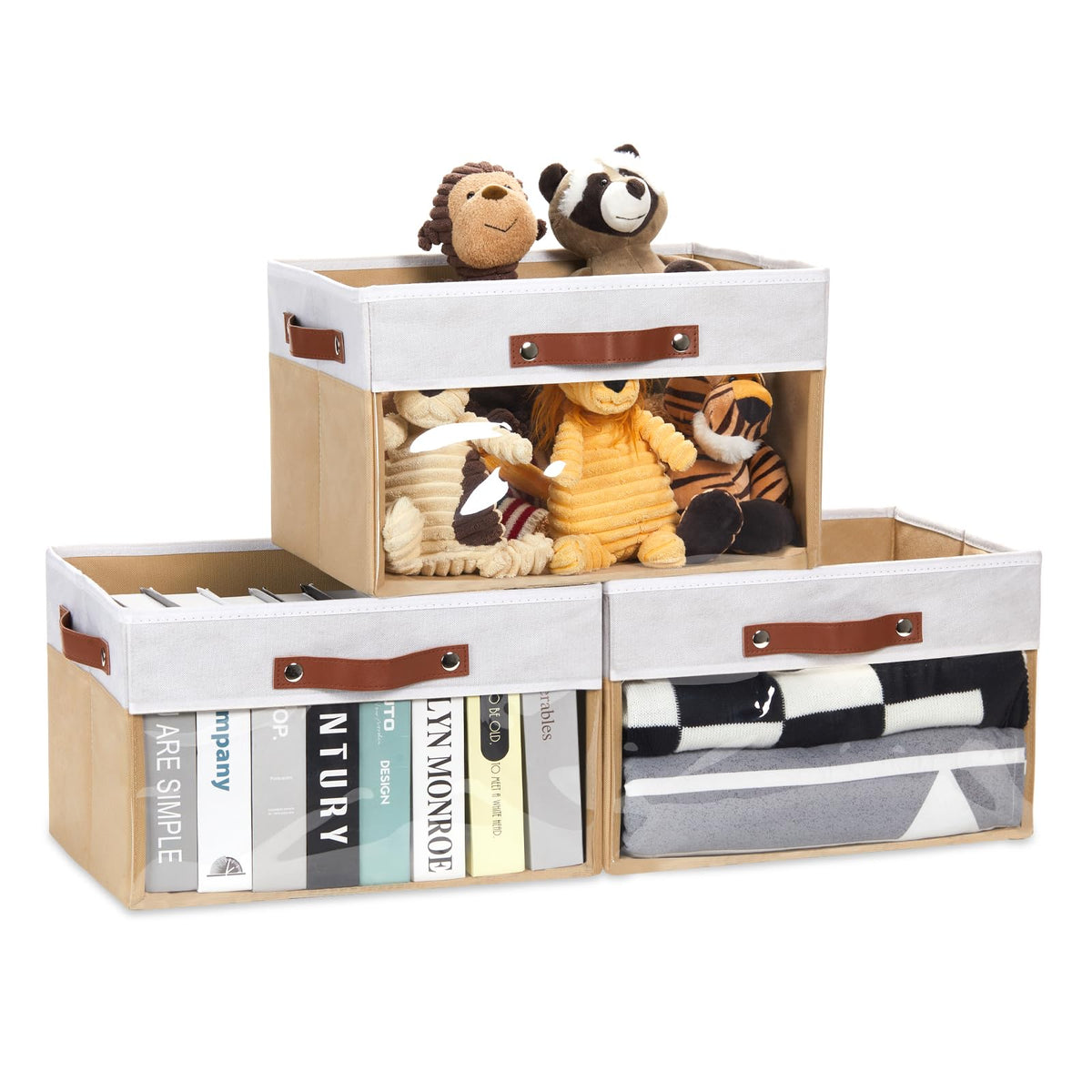 HNZIGE Collapsible Fabric Storage Bins with Clear Window, 3-Pack (White Beige)