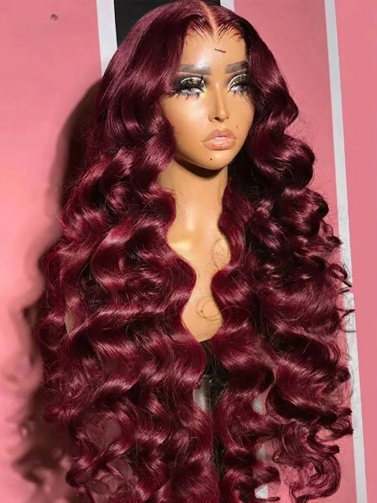 HD Transparent 99J Burgundy Body Wave Lace Front Wig Pre Plucked 13x4