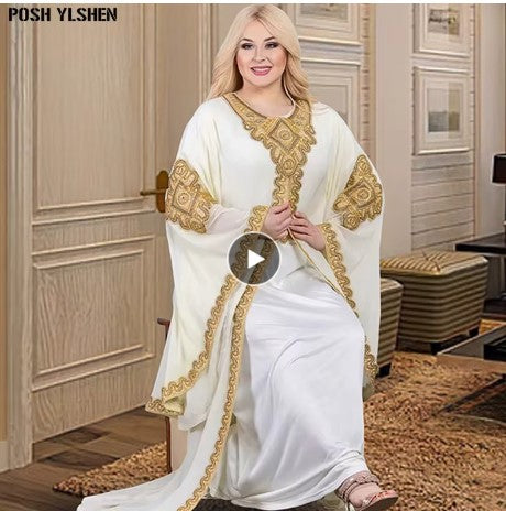 Gold Kaftan Dress Set with Scarf
