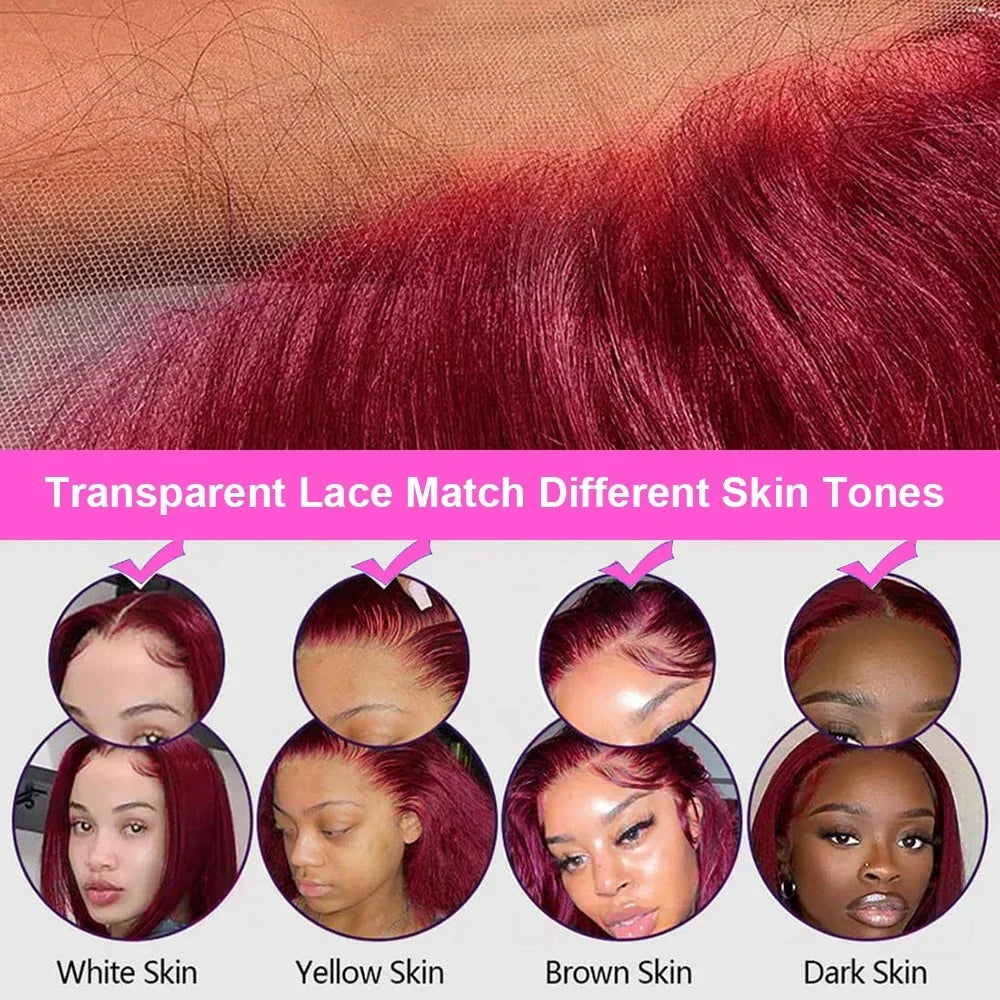 99J Burgundy 13X6 HD Transparent Lace Frontal Wigs 220% Density Remy Hair Straight Wig 46 Inch Pre Plucked With Baby Hair For Women
